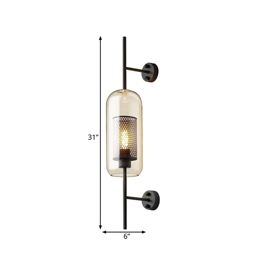 Cognac Glass Black Wall Lamp Oblong 1 Bulb Colonial Wall Mounted Light with Inner Column Mesh Screen, 5"/6" W Clearhalo 'Wall Lamps & Sconces' 'Wall Lights' Lighting' 1473657