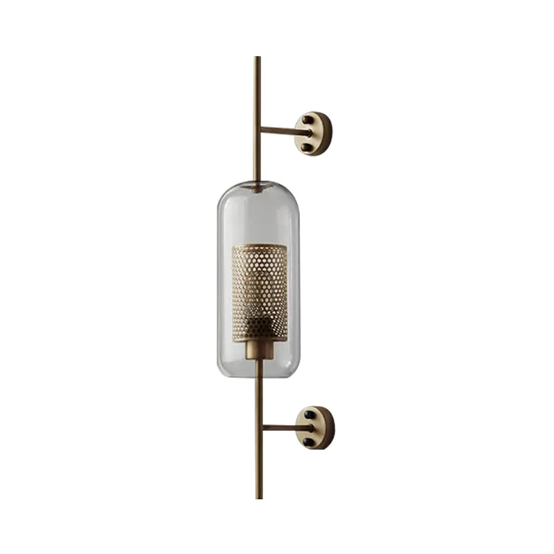 5"/6" W Clear Glass Oval Wall Sconce Colonialism 1 Bulb Bedroom Wall Lighting Fixture with Mesh Screen in Bronze/Silver Gray Clearhalo 'Wall Lamps & Sconces' 'Wall Lights' Lighting' 1473661