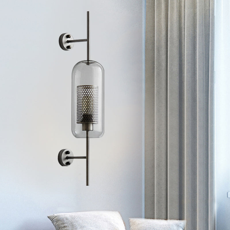 5"/6" W Clear Glass Oval Wall Sconce Colonialism 1 Bulb Bedroom Wall Lighting Fixture with Mesh Screen in Bronze/Silver Gray Silver Gray 5" Clearhalo 'Wall Lamps & Sconces' 'Wall Lights' Lighting' 1473664