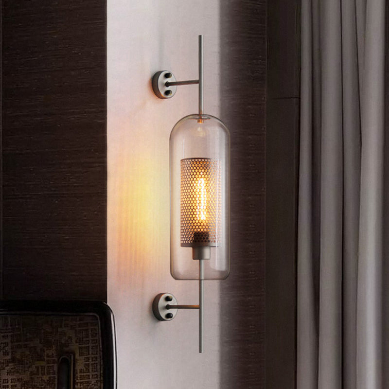 5"/6" W Clear Glass Oval Wall Sconce Colonialism 1 Bulb Bedroom Wall Lighting Fixture with Mesh Screen in Bronze/Silver Gray Silver Gray 6" Clearhalo 'Wall Lamps & Sconces' 'Wall Lights' Lighting' 1473673