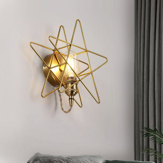 Metal Exposed Bulb Wall Lamp Colonialist 1 Head Living Room Sconce Light in Gold with Star Cage Clearhalo 'Wall Lamps & Sconces' 'Wall Lights' Lighting' 1473682