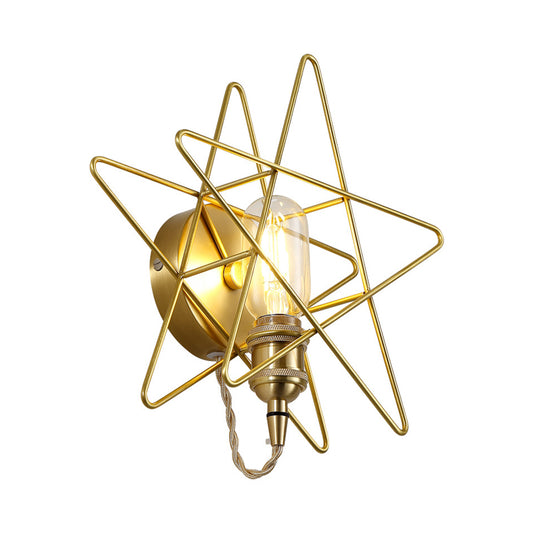 Metal Exposed Bulb Wall Lamp Colonialist 1 Head Living Room Sconce Light in Gold with Star Cage Clearhalo 'Wall Lamps & Sconces' 'Wall Lights' Lighting' 1473684