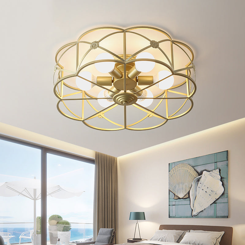 Iron Gold Flush Mount Light Scalloped Cage 6 Bulbs Colonialism Ceiling Mounted Fixture for Bedroom