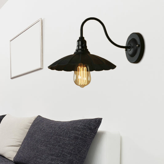 Gooseneck Living Room Wall Mount Light with Scalloped Shade Industrial Metal 1 Bulb Black Wall Sconce, 10"/13" Dia - Black - Clearhalo - 'Art deco wall lights' - 'Cast Iron' - 'Glass' - 'Industrial wall lights' - 'Industrial' - 'Middle century wall lights' - 'Modern' - 'Rustic wall lights' - 'Tiffany' - 'Traditional wall lights' - 'Wall Lamps & Sconces' - 'Wall Lights' - Lighting' - 147377