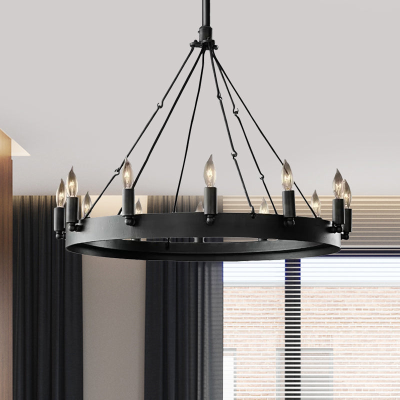 12/18-Light Round Hanging Chandelier Traditional Black Metal Pendant Light with Candle Design Clearhalo 'Ceiling Lights' 'Chandeliers' Lighting' options 1473787