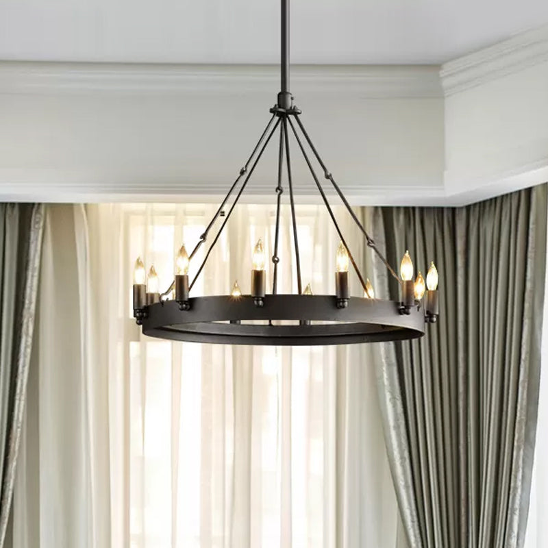 12/18-Light Round Hanging Chandelier Traditional Black Metal Pendant Light with Candle Design 12 Black Clearhalo 'Ceiling Lights' 'Chandeliers' Lighting' options 1473788_ca153fb5-1fa0-44a1-b6cb-22ae72ea8792