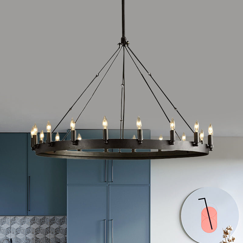 12/18-Light Round Hanging Chandelier Traditional Black Metal Pendant Light with Candle Design Clearhalo 'Ceiling Lights' 'Chandeliers' Lighting' options 1473791