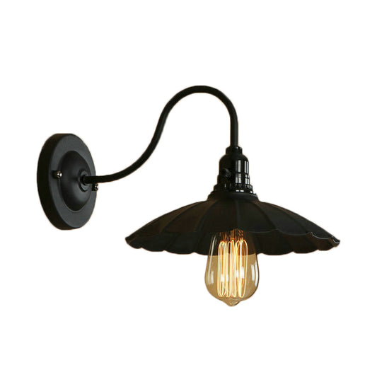 Gooseneck Living Room Wall Mount Light with Scalloped Shade Industrial Metal 1 Bulb Black Wall Sconce, 10"/13" Dia - Clearhalo - 'Art deco wall lights' - 'Cast Iron' - 'Glass' - 'Industrial wall lights' - 'Industrial' - 'Middle century wall lights' - 'Modern' - 'Rustic wall lights' - 'Tiffany' - 'Traditional wall lights' - 'Wall Lamps & Sconces' - 'Wall Lights' - Lighting' - 147379