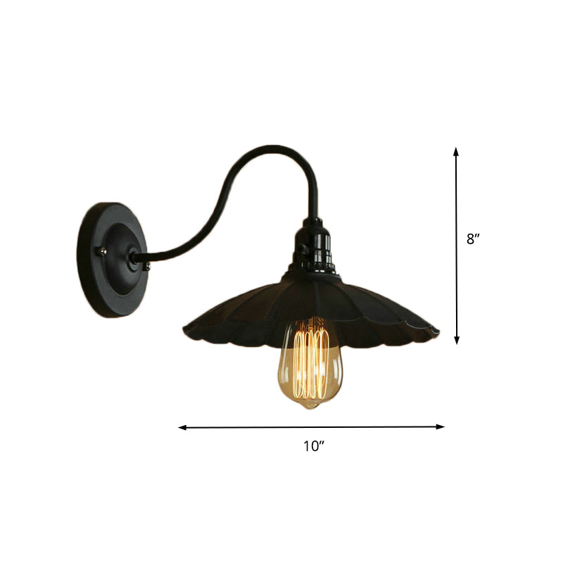 Gooseneck Living Room Wall Mount Light with Scalloped Shade Industrial Metal 1 Bulb Black Wall Sconce, 10"/13" Dia Clearhalo 'Art deco wall lights' 'Cast Iron' 'Glass' 'Industrial wall lights' 'Industrial' 'Middle century wall lights' 'Modern' 'Rustic wall lights' 'Tiffany' 'Traditional wall lights' 'Wall Lamps & Sconces' 'Wall Lights' Lighting' 147380