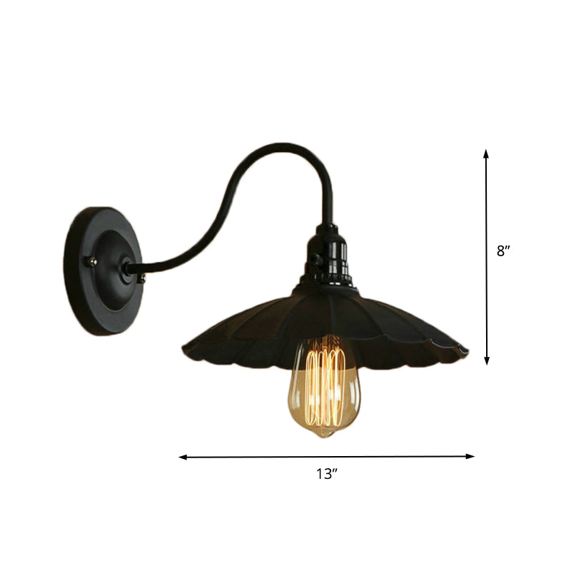 Gooseneck Living Room Wall Mount Light with Scalloped Shade Industrial Metal 1 Bulb Black Wall Sconce, 10"/13" Dia Clearhalo 'Art deco wall lights' 'Cast Iron' 'Glass' 'Industrial wall lights' 'Industrial' 'Middle century wall lights' 'Modern' 'Rustic wall lights' 'Tiffany' 'Traditional wall lights' 'Wall Lamps & Sconces' 'Wall Lights' Lighting' 147381
