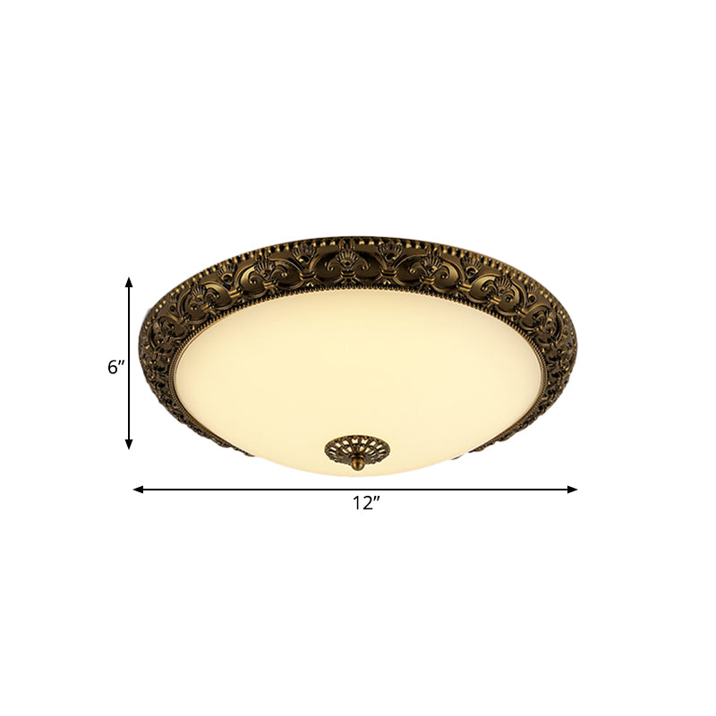 Bowl Frosted Glass Ceiling Fixture Rustic 12"/16"/19.5" W LED Bedroom Flush Mount Lighting in Brass