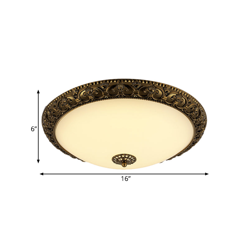 Bowl Frosted Glass Ceiling Fixture Rustic 12"/16"/19.5" W LED Bedroom Flush Mount Lighting in Brass