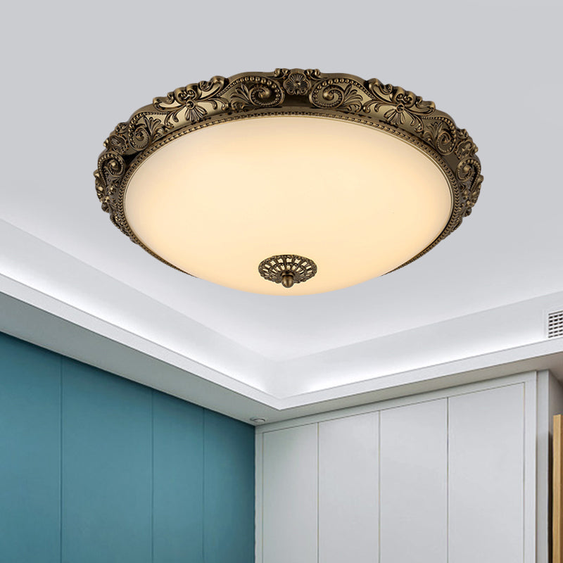 Brass Domed Ceiling Lamp Traditional White Glass 12"/16"/19.5" W LED Bedroom Flush Mount Lighting Fixture