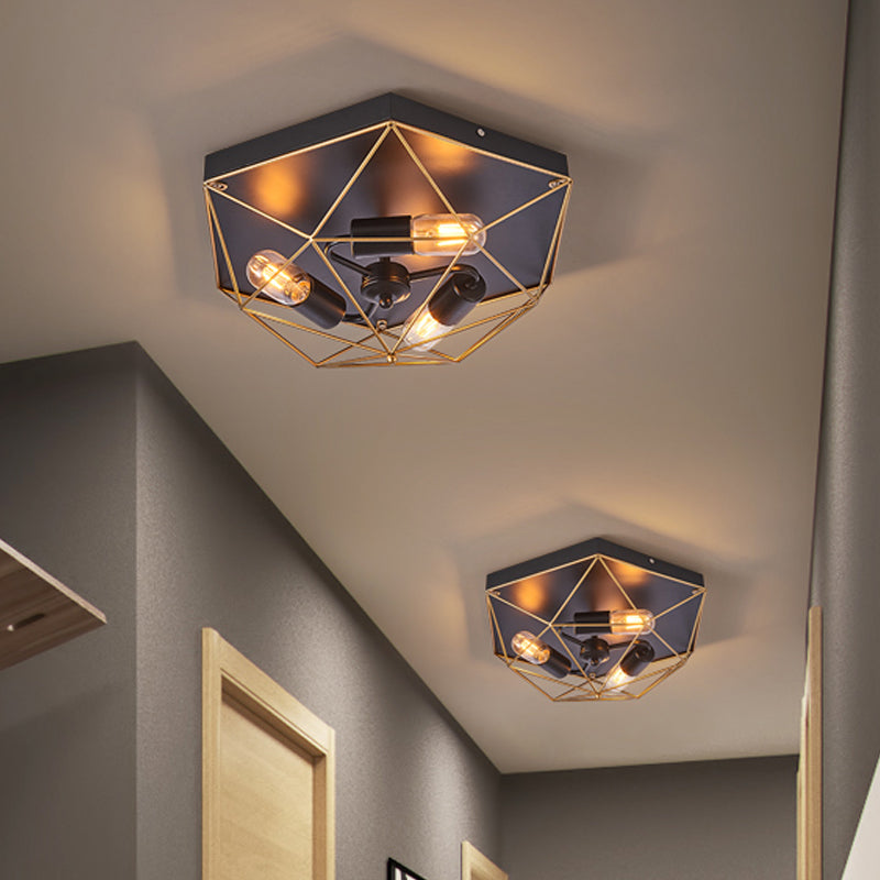 Prism Cage Foyer Ceiling Light Traditional Style Metal 3 Heads Black Flush Mount Lighting Fixture - Clearhalo - 'Ceiling Lights' - 'Close To Ceiling Lights' - 'Close to ceiling' - 'Flush mount' - Lighting' - 1473851