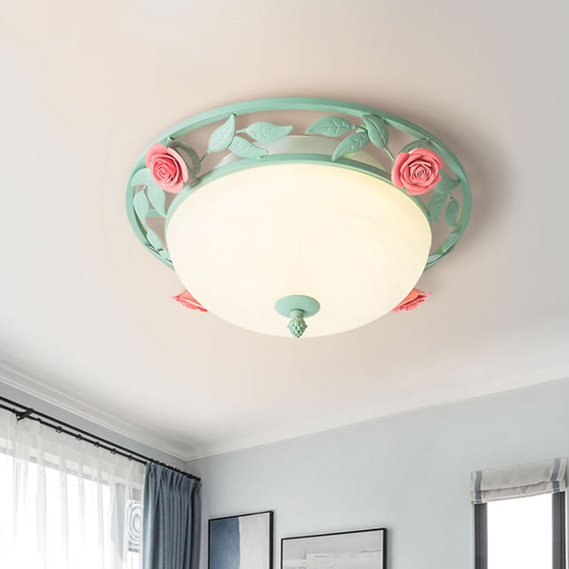 Frosted Glass Dome Flush Light Romantic Pastoral LED Bedroom Flush Mount in Light Green with Rose Decor