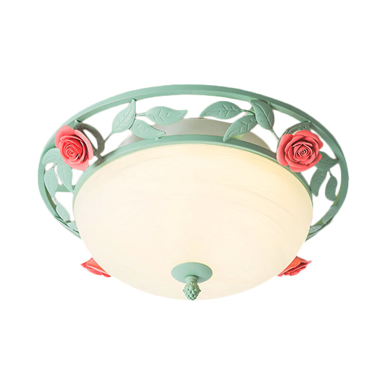 Frosted Glass Dome Flush Light Romantic Pastoral LED Bedroom Flush Mount in Light Green with Rose Decor