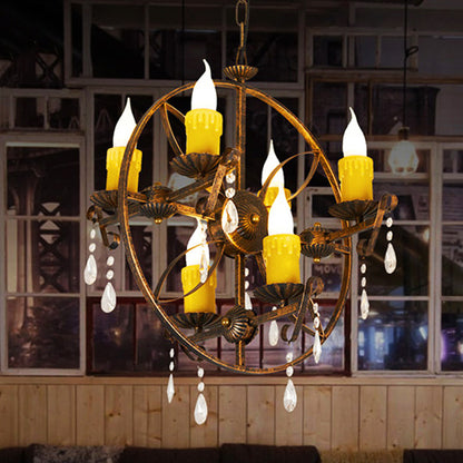 6-Bulb Pendant Chandelier Vintage Candle Iron Hanging Light in Rust with Circle Design and Crystal Decor Rust Clearhalo 'Ceiling Lights' 'Chandeliers' Lighting' options 1473890_eee3d06f-4017-48bf-b441-f5b0e63eec55