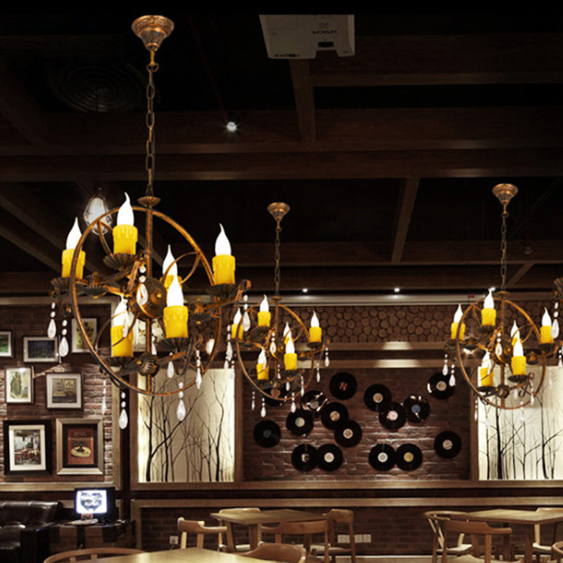 6-Bulb Pendant Chandelier Vintage Candle Iron Hanging Light in Rust with Circle Design and Crystal Decor Clearhalo 'Ceiling Lights' 'Chandeliers' Lighting' options 1473891