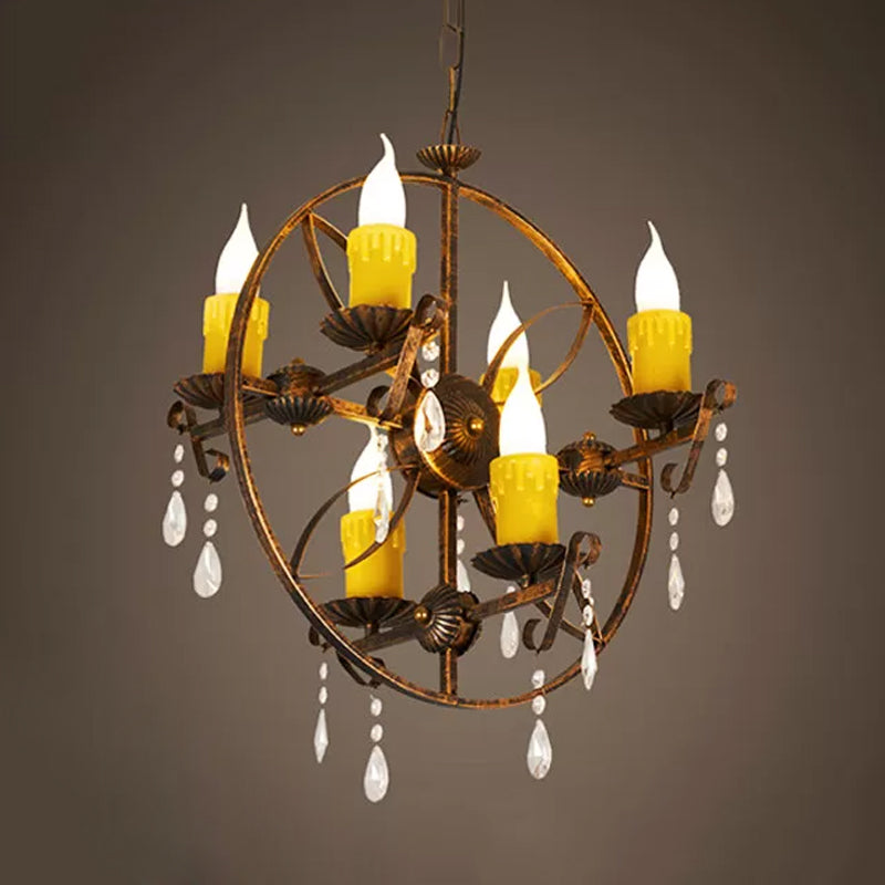 6-Bulb Pendant Chandelier Vintage Candle Iron Hanging Light in Rust with Circle Design and Crystal Decor Clearhalo 'Ceiling Lights' 'Chandeliers' Lighting' options 1473893