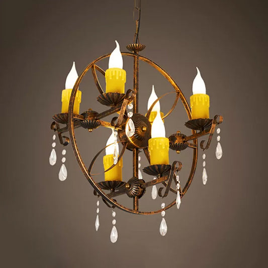 6-Bulb Pendant Chandelier Vintage Candle Iron Hanging Light in Rust with Circle Design and Crystal Decor Clearhalo 'Ceiling Lights' 'Chandeliers' Lighting' options 1473893
