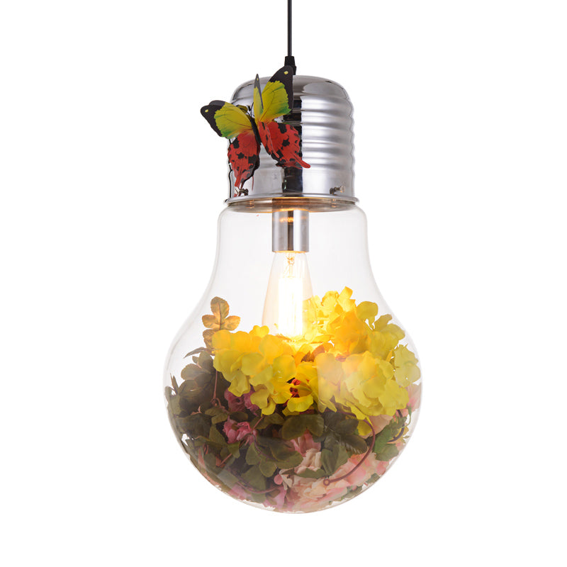 Bulb Shape Restaurant Suspension Light Art Deco Clear Glass 1-Head Silver Flower Down Lighting Pendant, 6"/8.5"/12" W Clearhalo 'Ceiling Lights' 'Glass shade' 'Glass' 'Pendant Lights' 'Pendants' Lighting' 1473898