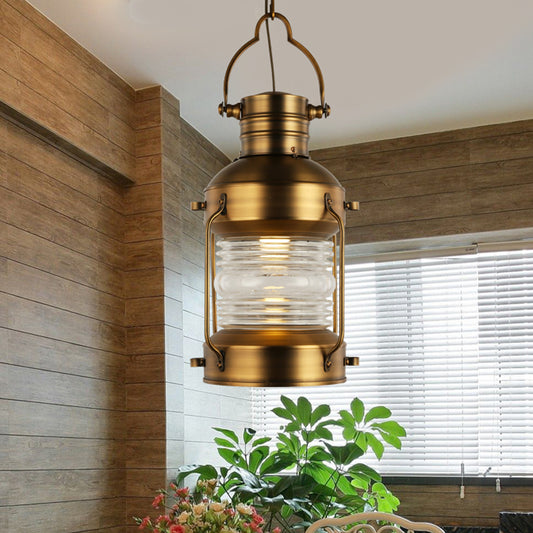 Lantern Cafe Hanging Light Kit Industrial Iron 1 Bulb Gold Suspension Pendant with Clear Glass Shade Clearhalo 'Art Deco Pendants' 'Cast Iron' 'Ceiling Lights' 'Ceramic' 'Crystal' 'Industrial Pendants' 'Industrial' 'Metal' 'Middle Century Pendants' 'Pendant Lights' 'Pendants' 'Tiffany' Lighting' 1473913