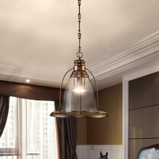 Brass 1-Light Ceiling Pendant Lamp Industrial Clear Glass Bell Hanging Light Fixture with Wire Cage Brass Clearhalo 'Art Deco Pendants' 'Cast Iron' 'Ceiling Lights' 'Ceramic' 'Crystal' 'Industrial Pendants' 'Industrial' 'Metal' 'Middle Century Pendants' 'Pendant Lights' 'Pendants' 'Tiffany' Lighting' 1473917