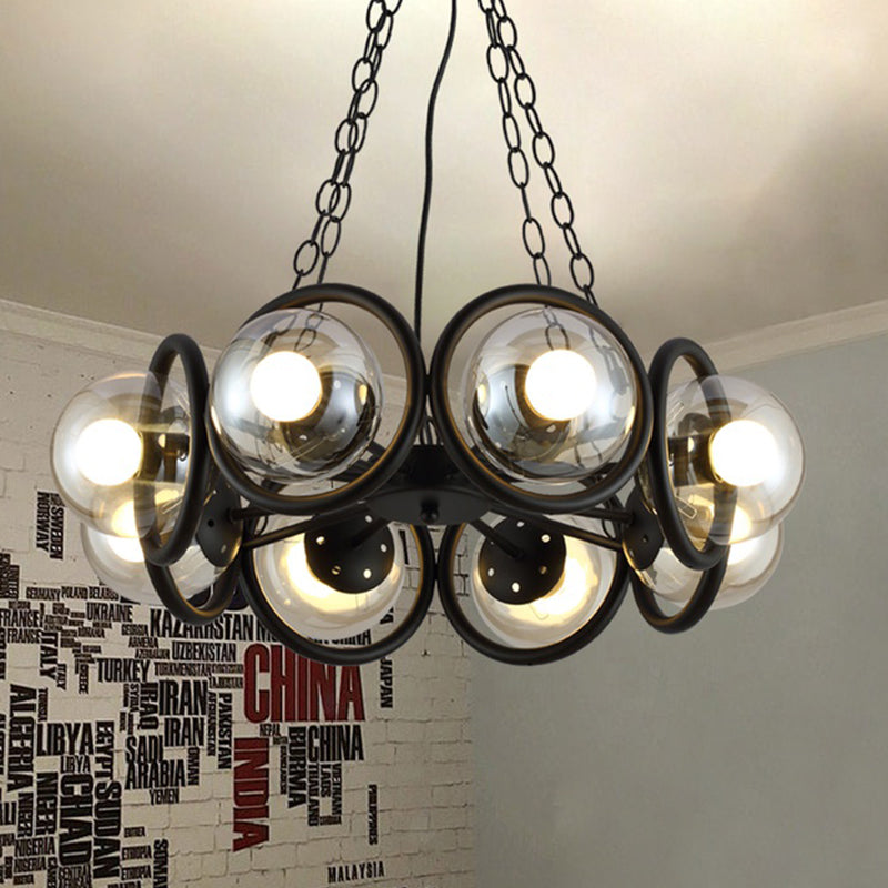 Black 6/8 Bulbs Chandelier Light Industrial Clear Glass Global Pendant Lighting Fixture with Round Cage Clearhalo 'Cast Iron' 'Ceiling Lights' 'Chandeliers' 'Industrial Chandeliers' 'Industrial' 'Metal' 'Middle Century Chandeliers' 'Rustic Chandeliers' 'Tiffany' Lighting' 1473927
