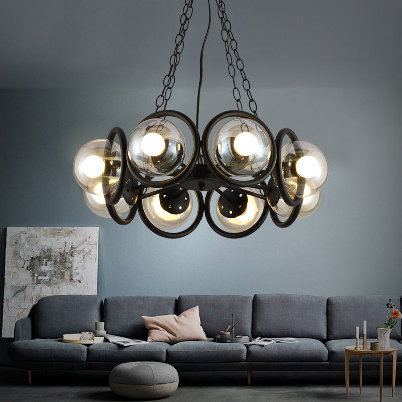 Black 6/8 Bulbs Chandelier Light Industrial Clear Glass Global Pendant Lighting Fixture with Round Cage 8 Black Clearhalo 'Cast Iron' 'Ceiling Lights' 'Chandeliers' 'Industrial Chandeliers' 'Industrial' 'Metal' 'Middle Century Chandeliers' 'Rustic Chandeliers' 'Tiffany' Lighting' 1473928