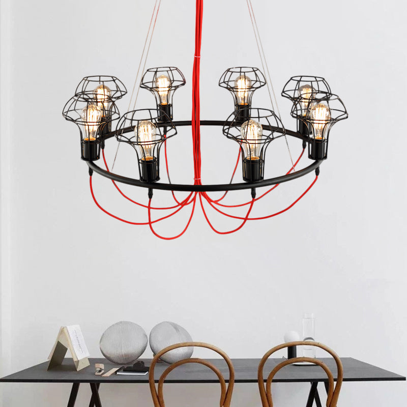 Iron Mushroom Cage Chandelier Light Industrial 8 Heads Restaurant Hanging Pendant Lamp in Black Clearhalo 'Cast Iron' 'Ceiling Lights' 'Chandeliers' 'Industrial Chandeliers' 'Industrial' 'Metal' 'Middle Century Chandeliers' 'Rustic Chandeliers' 'Tiffany' Lighting' 1473938