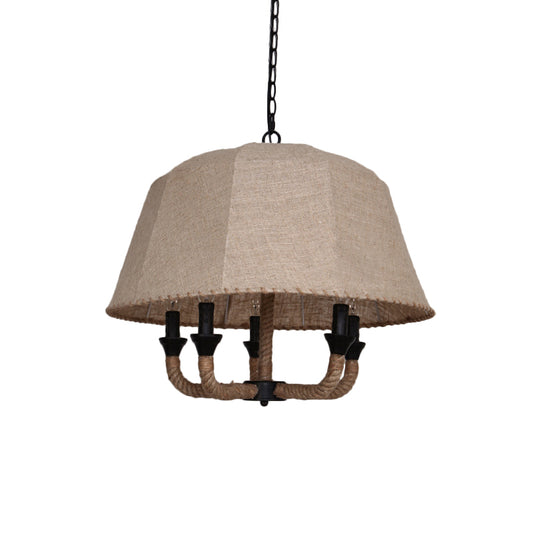 Vintage Domed Chandelier Light Fixture 5 Lights Fabric Suspension Lamp in Brown with Hemp Rope Clearhalo 'Ceiling Lights' 'Chandeliers' 'Industrial Chandeliers' 'Industrial' 'Middle Century Chandeliers' 'Tiffany' Lighting' 1473944