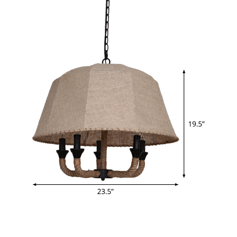 Vintage Domed Chandelier Light Fixture 5 Lights Fabric Suspension Lamp in Brown with Hemp Rope Clearhalo 'Ceiling Lights' 'Chandeliers' 'Industrial Chandeliers' 'Industrial' 'Middle Century Chandeliers' 'Tiffany' Lighting' 1473946