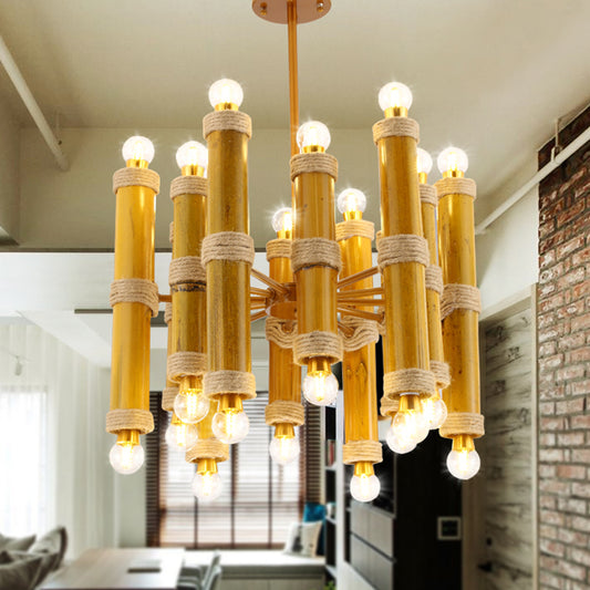 Bamboo Tube Rope Ceiling Chandelier Antique 24 Lights Living Room Pendant Lamp in Yellow Yellow Clearhalo 'Ceiling Lights' 'Chandeliers' 'Industrial Chandeliers' 'Industrial' 'Middle Century Chandeliers' 'Tiffany' Lighting' 1473967