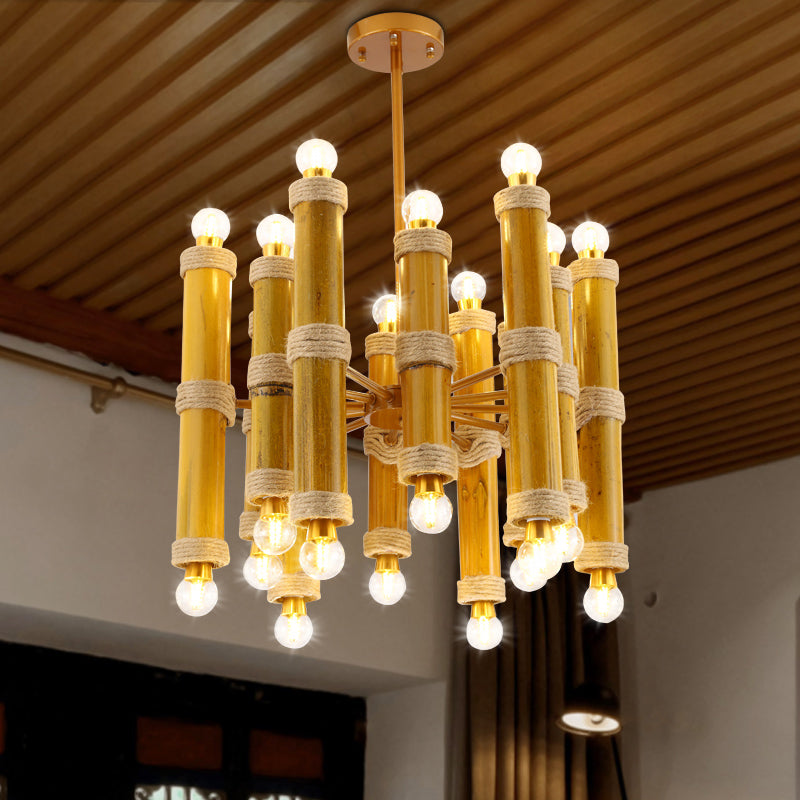 Bamboo Tube Rope Ceiling Chandelier Antique 24 Lights Living Room Pendant Lamp in Yellow Clearhalo 'Ceiling Lights' 'Chandeliers' 'Industrial Chandeliers' 'Industrial' 'Middle Century Chandeliers' 'Tiffany' Lighting' 1473969