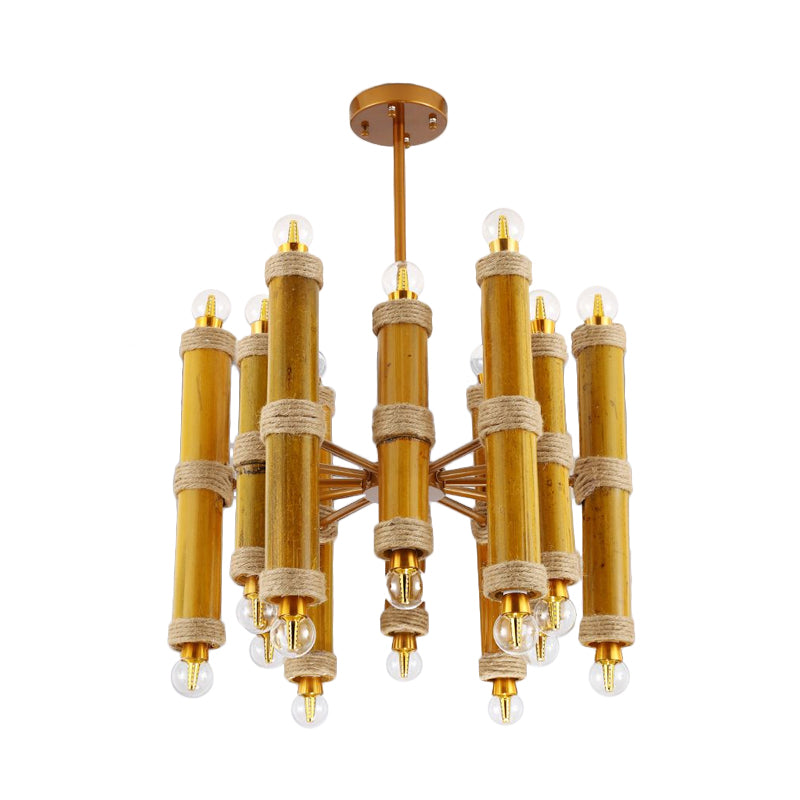 Bamboo Tube Rope Ceiling Chandelier Antique 24 Lights Living Room Pendant Lamp in Yellow Clearhalo 'Ceiling Lights' 'Chandeliers' 'Industrial Chandeliers' 'Industrial' 'Middle Century Chandeliers' 'Tiffany' Lighting' 1473970