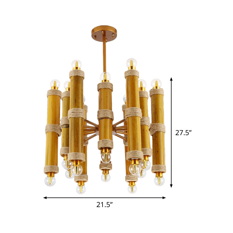 Bamboo Tube Rope Ceiling Chandelier Antique 24 Lights Living Room Pendant Lamp in Yellow Clearhalo 'Ceiling Lights' 'Chandeliers' 'Industrial Chandeliers' 'Industrial' 'Middle Century Chandeliers' 'Tiffany' Lighting' 1473971
