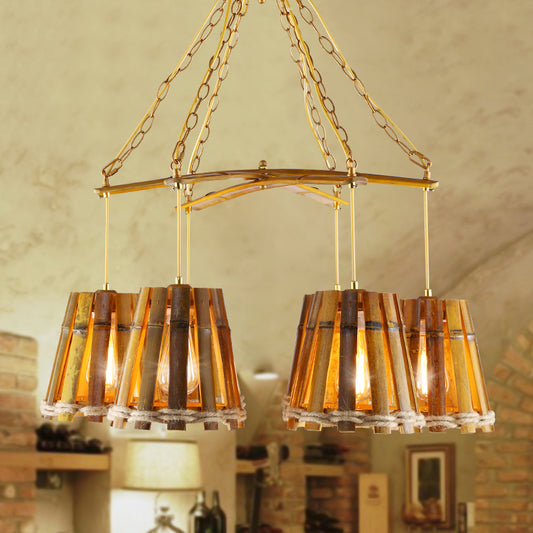 Yellow 6 Lights Chandelier Lamp Retro Bamboo Conical Suspension Lighting with Natural Rope Clearhalo 'Ceiling Lights' 'Chandeliers' Lighting' options 1473972