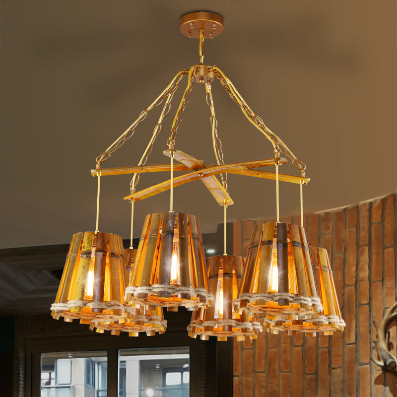 Yellow 6 Lights Chandelier Lamp Retro Bamboo Conical Suspension Lighting with Natural Rope Clearhalo 'Ceiling Lights' 'Chandeliers' Lighting' options 1473973
