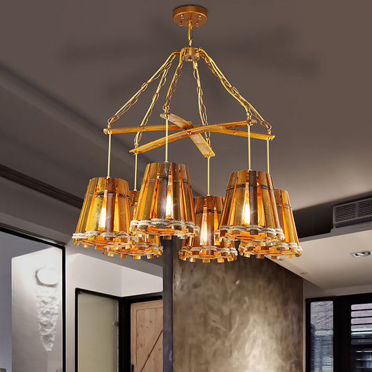 Yellow 6 Lights Chandelier Lamp Retro Bamboo Conical Suspension Lighting with Natural Rope Clearhalo 'Ceiling Lights' 'Chandeliers' Lighting' options 1473974