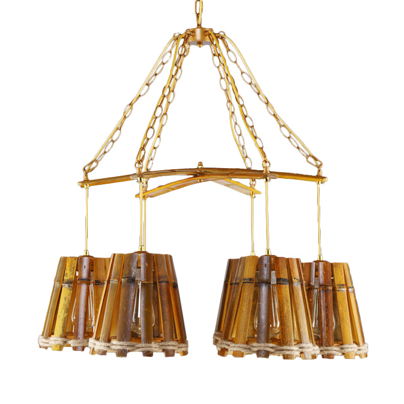 Yellow 6 Lights Chandelier Lamp Retro Bamboo Conical Suspension Lighting with Natural Rope Clearhalo 'Ceiling Lights' 'Chandeliers' Lighting' options 1473975