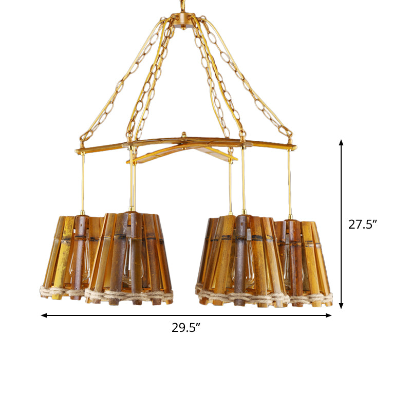 Yellow 6 Lights Chandelier Lamp Retro Bamboo Conical Suspension Lighting with Natural Rope Clearhalo 'Ceiling Lights' 'Chandeliers' Lighting' options 1473976