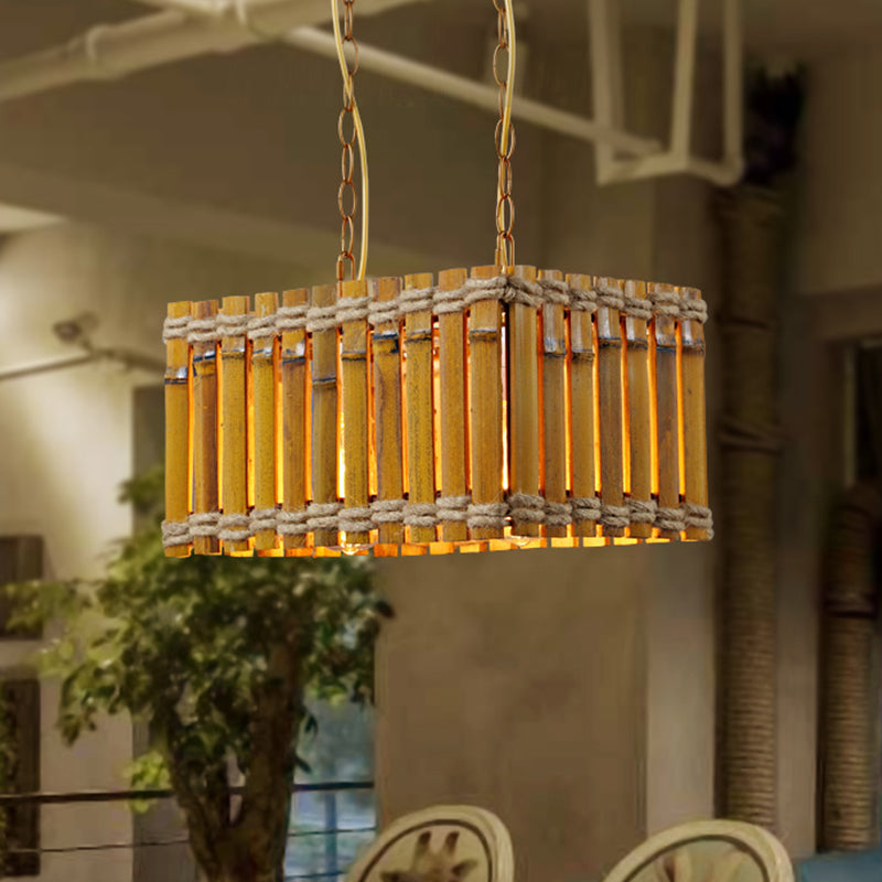 Bamboo Yellow Chandelier Lighting Rectangle 2 Bulbs Industrial Style Ceiling Hang Fixture with Rope Yellow Clearhalo 'Ceiling Lights' 'Chandeliers' 'Industrial Chandeliers' 'Industrial' 'Middle Century Chandeliers' 'Tiffany' Lighting' 1473977