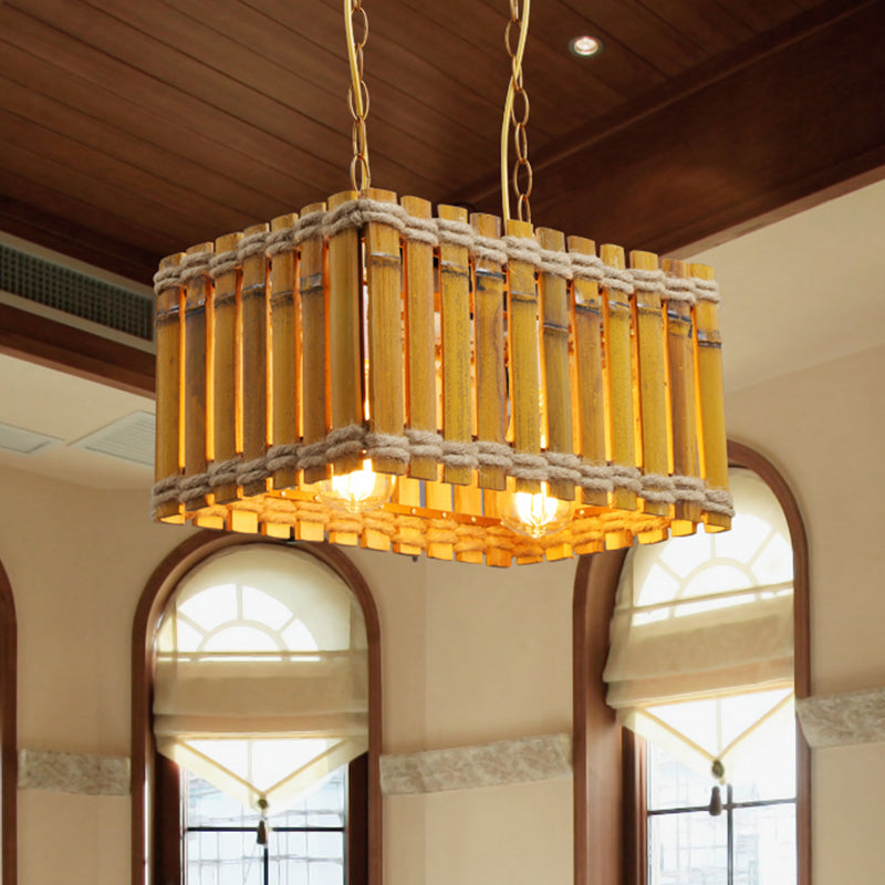 Bamboo Yellow Chandelier Lighting Rectangle 2 Bulbs Industrial Style Ceiling Hang Fixture with Rope Clearhalo 'Ceiling Lights' 'Chandeliers' 'Industrial Chandeliers' 'Industrial' 'Middle Century Chandeliers' 'Tiffany' Lighting' 1473978