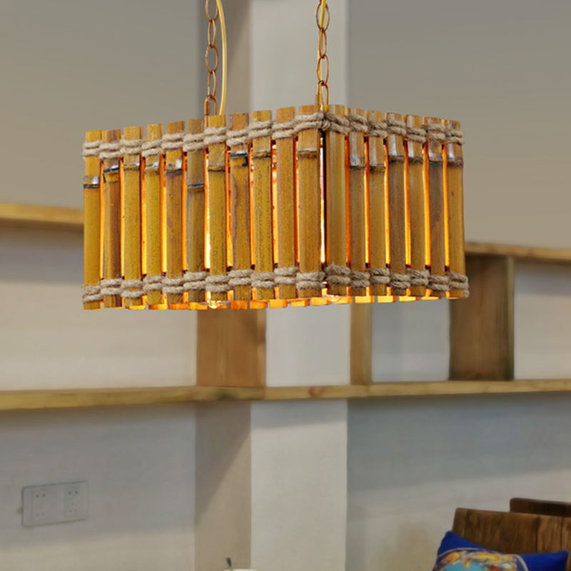 Bamboo Yellow Chandelier Lighting Rectangle 2 Bulbs Industrial Style Ceiling Hang Fixture with Rope Clearhalo 'Ceiling Lights' 'Chandeliers' 'Industrial Chandeliers' 'Industrial' 'Middle Century Chandeliers' 'Tiffany' Lighting' 1473979