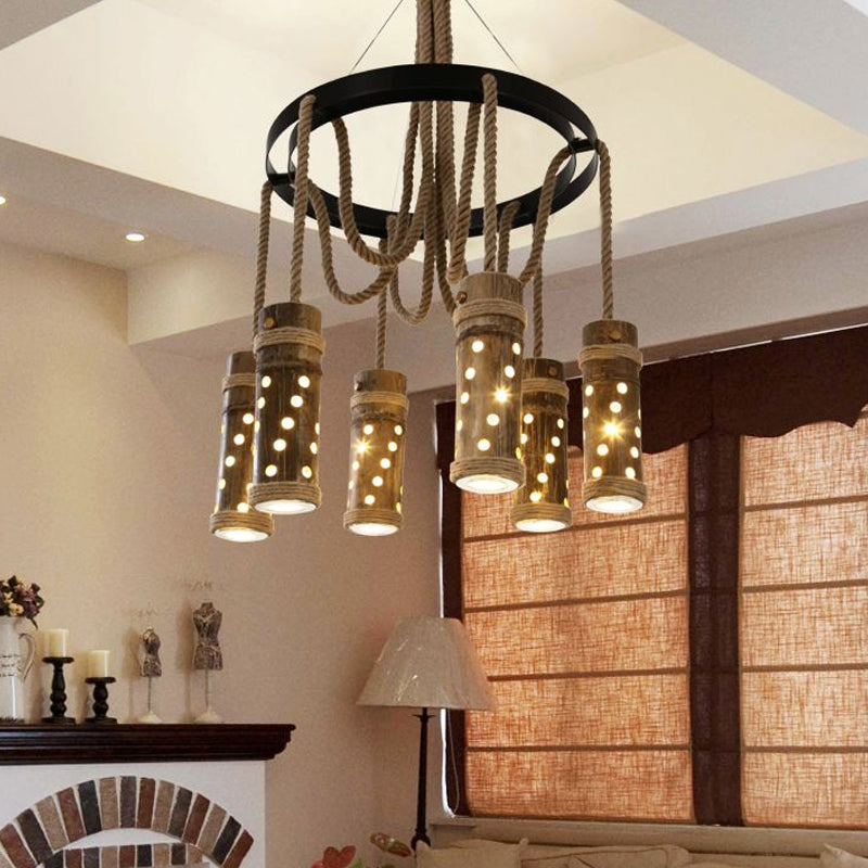 Black Cutout Tube Chandelier Light Industrial Bamboo 6 Bulbs Living Room Drop Lamp with Rope Clearhalo 'Ceiling Lights' 'Chandeliers' 'Industrial Chandeliers' 'Industrial' 'Middle Century Chandeliers' 'Tiffany' Lighting' 1473983