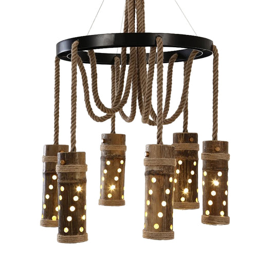 Black Cutout Tube Chandelier Light Industrial Bamboo 6 Bulbs Living Room Drop Lamp with Rope Clearhalo 'Ceiling Lights' 'Chandeliers' 'Industrial Chandeliers' 'Industrial' 'Middle Century Chandeliers' 'Tiffany' Lighting' 1473984