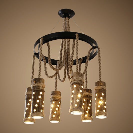 Black Cutout Tube Chandelier Light Industrial Bamboo 6 Bulbs Living Room Drop Lamp with Rope Clearhalo 'Ceiling Lights' 'Chandeliers' 'Industrial Chandeliers' 'Industrial' 'Middle Century Chandeliers' 'Tiffany' Lighting' 1473985