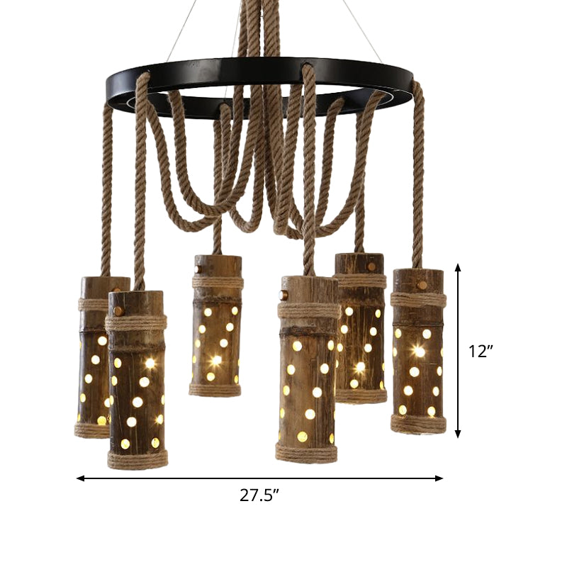 Black Cutout Tube Chandelier Light Industrial Bamboo 6 Bulbs Living Room Drop Lamp with Rope Clearhalo 'Ceiling Lights' 'Chandeliers' 'Industrial Chandeliers' 'Industrial' 'Middle Century Chandeliers' 'Tiffany' Lighting' 1473986