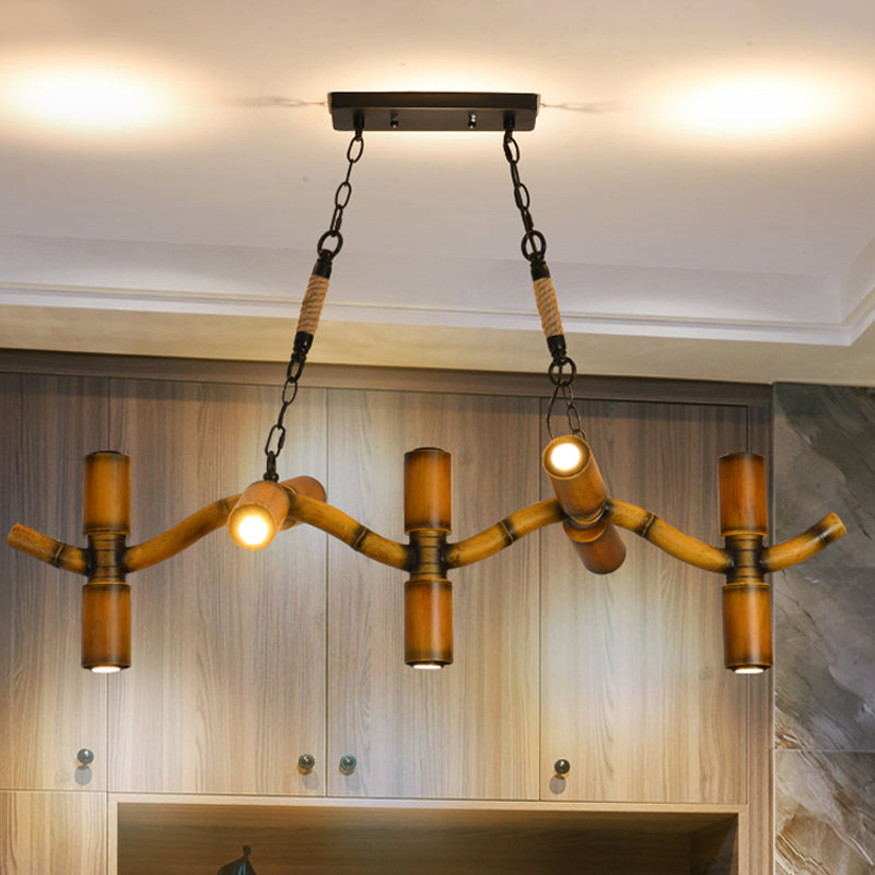 Metal Brown Island Lighting Fixture Wave 10 Lights Factory Pendant Light with Pipe Shade and Rope Brown Clearhalo 'Ceiling Lights' 'Island Lights' Lighting' 1473992