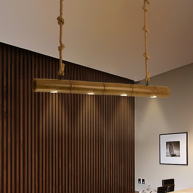 Bamboo Tube Island Lighting Farmhouse 4 Bulbs Restaurant Hanging Pendant Light in Yellow and Brown with Rope Clearhalo 'Ceiling Lights' 'Island Lights' Lighting' 1473998
